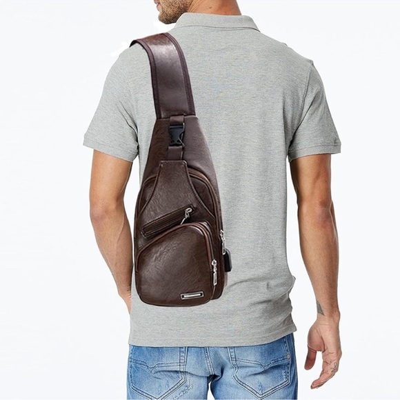 Men's Leather Sling Bag Messenger Bag Chest Crossbody Shoulder Bag Small - Picture 5 of 5